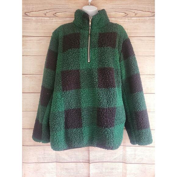 MeroKeety Women's Sherpa Lightweight Green Black 1/2 Zip Plaid Pullover L EUC - Picture 2 of 6